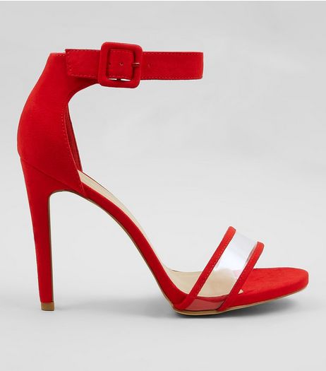 Red Suedette Clear Front Ankle Strap Heels | New Look