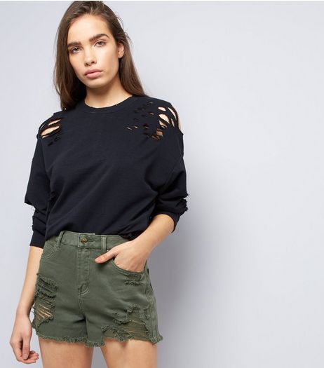 Khaki Ripped Fray Hem Denim Shorts | New Look