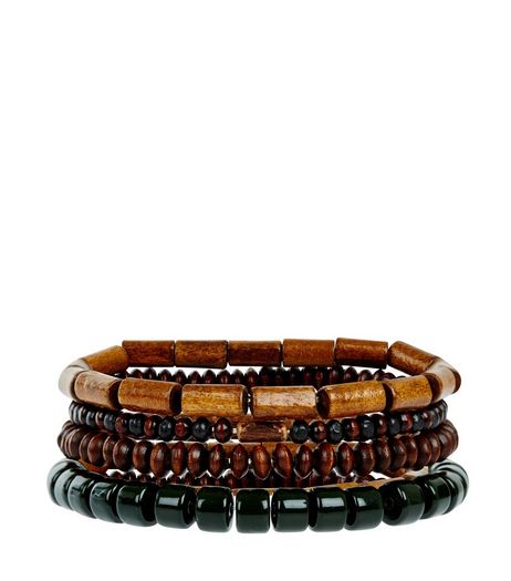 4 Pack Green Wooden Bead Bracelets | New Look