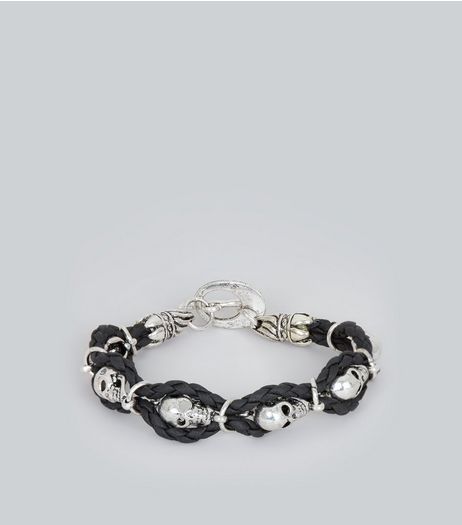 Silver Skull Bead Plaited Bracelet | New Look