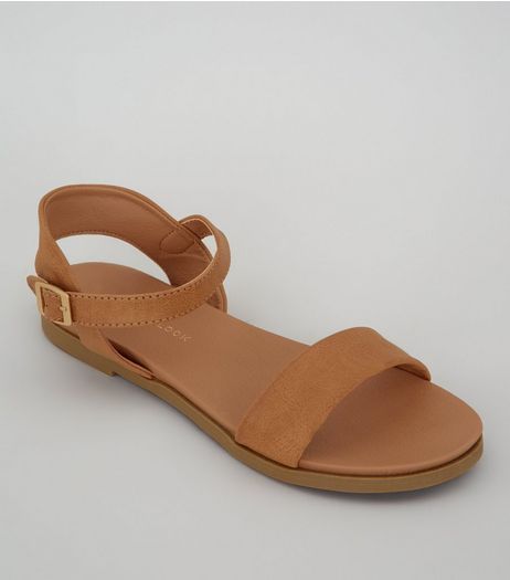 Wide Fit Tan Suedette Ankle Strap Sandals | New Look