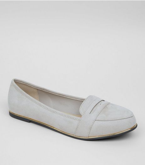 Wide Fit Grey Suedette Metal Trim Loafers | New Look