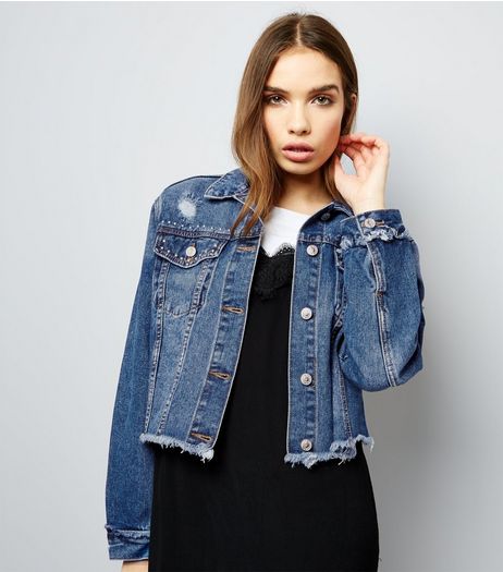 Dark Blue Frayed Hem Studded Cropped Denim Jacket | New Look