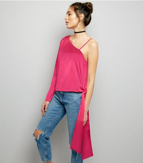 Pink Sateen One Shoulder Tie Side Top | New Look
