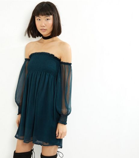 Blue Vanilla Dark Green Chiffon Shirred Bardot Neck Dress | New Look