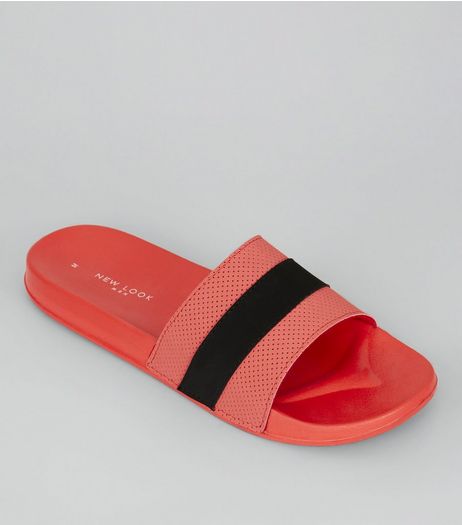 Red Contrast Stripe Pool Sliders | New Look