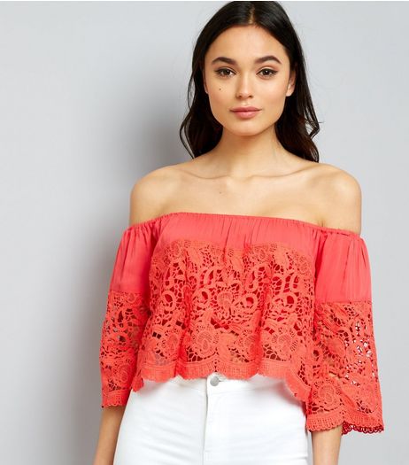 Blue Vanilla Red Scallop Lace Bardot Neck Top | New Look