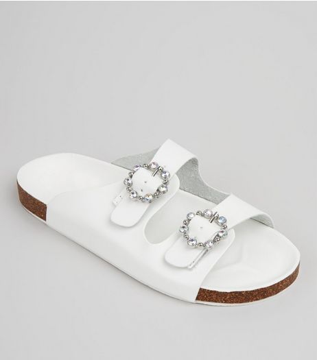White Diamante Ring Double Strap Footbed Sandals | New Look