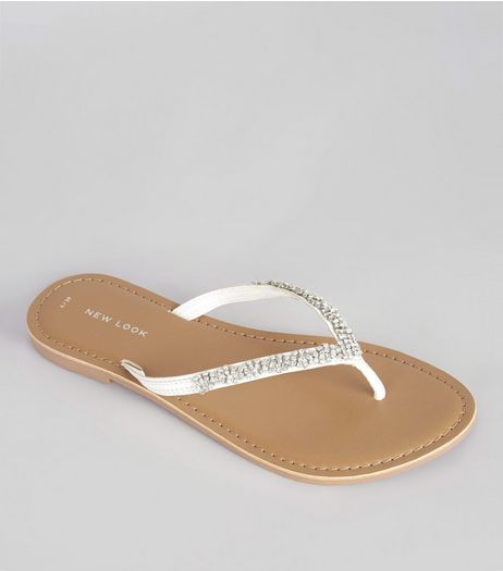 White Diamanté Trim Toe Post Sandals | New Look