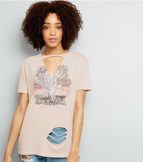 Shell Pink Freedom Print Choker Neck Boyfriend T-Shirt | New Look