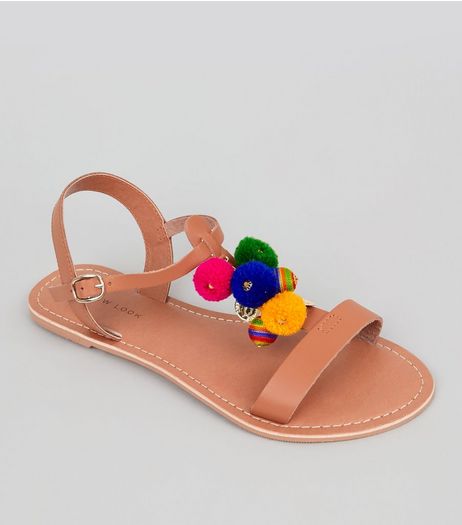 Tan Multi Coloured Pom Pom Tassel Sandals | New Look