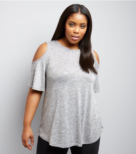 Curves Grey Fine Knit Cold Shoulder Flutter Sleeve Top | New Look