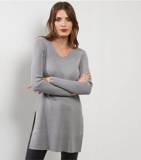 Apricot Pale Grey Ribbed Split Side Jumper | New Look