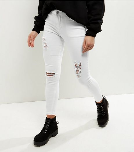 Petite White Ripped Skinny Jeans | New Look