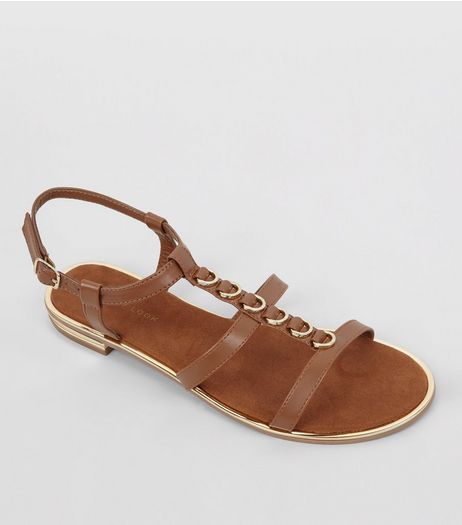 Tan Leather-Look Metal Ring Trim Sandals | New Look