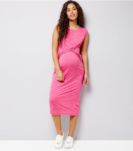 Maternity Bright Pink Cross Front Jersey Midi Dress | New Look