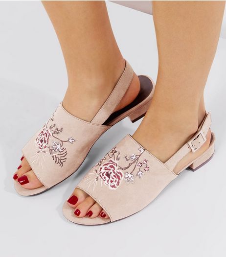 Wide Fit Nude Pink Floral Embroidered Mules | New Look