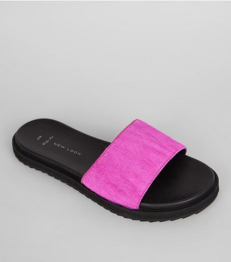 Wide Fit Bright Pink Textured Leather Sliders | New Look