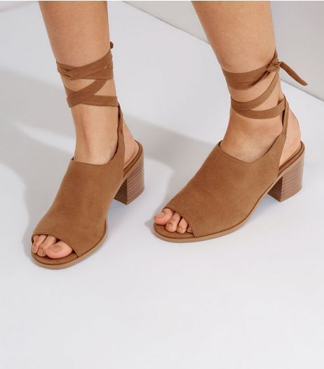 Wide Fit Tan Suedette Tie Up Block Heels | New Look