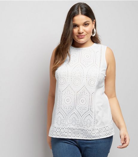 Curves White Broderie Lace Sleeveless Top | New Look