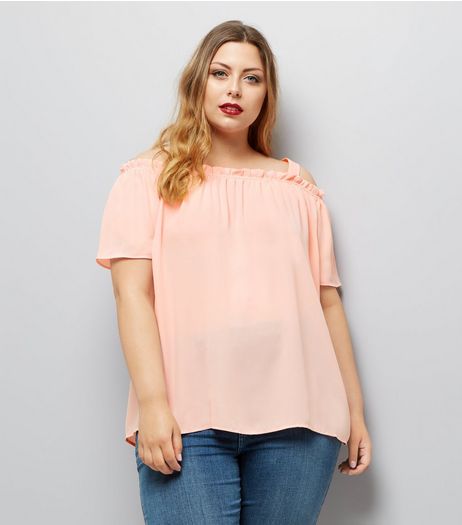 Curves Shell Pink Frill Trim Cold Shoulder Bardot Neck Top | New Look