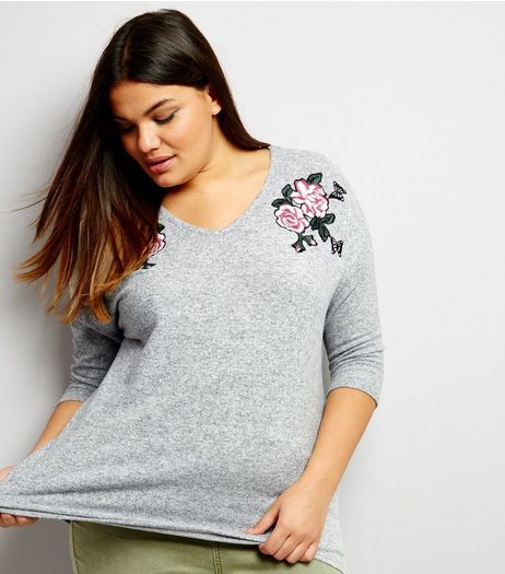 Curves Grey Floral Embroidered V Neck Jumper | New Look