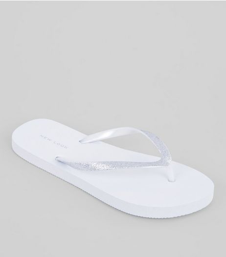 White Glitter Strap Flip Flops | New Look