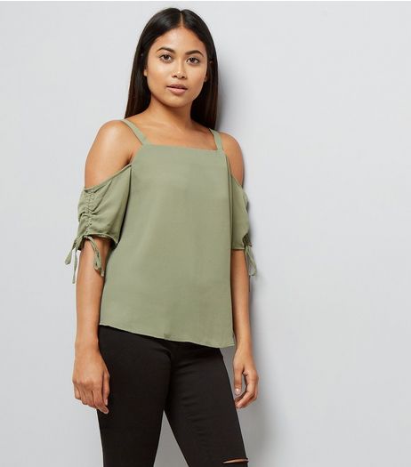 Petite Khaki Ruched Sleeve Cold Shoulder Top | New Look