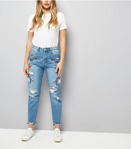 Blue Floral Embroidered Mom Jeans | New Look