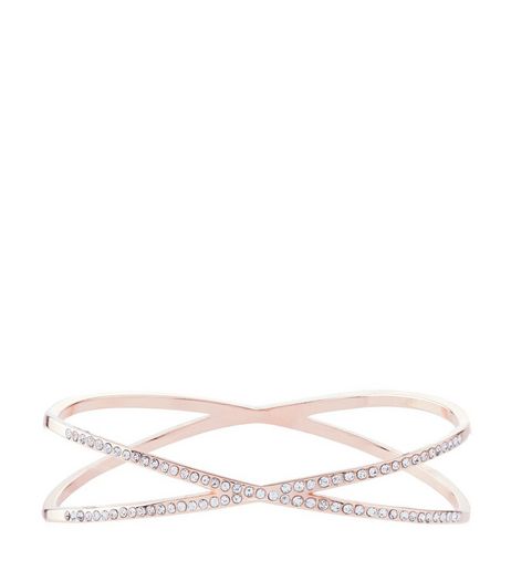 Rose Gold Cross Diamante Bangle | New Look