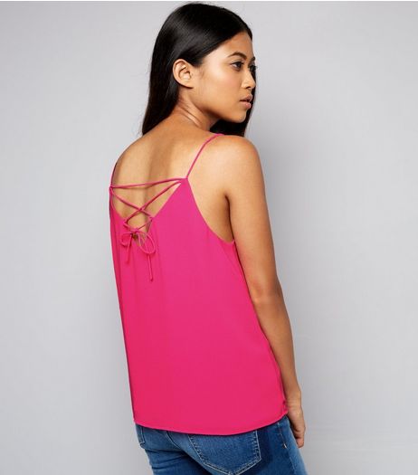 Petite Pink Lace Up Back Cami | New Look