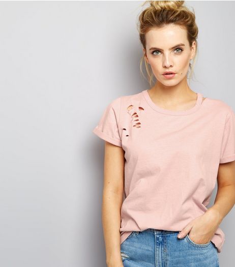 Petite Shell Pink Ripped T-Shirt | New Look