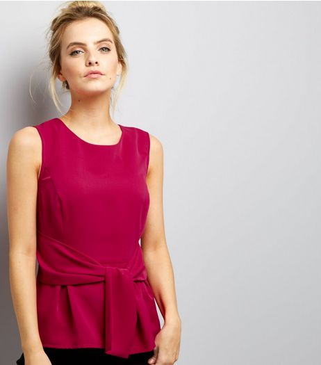 Petite Bright Pink Tie Front Sleeveless Top | New Look