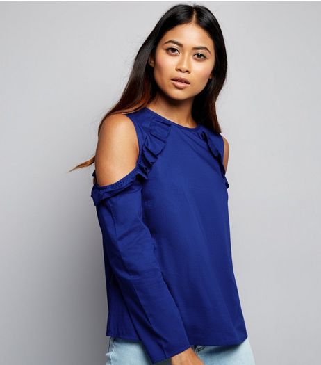 Petite Blue Textured Frill Trim Cold Shoulder Top | New Look