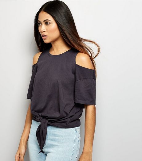 Petite Grey Tie Front Cold Shoulder T-Shirt | New Look