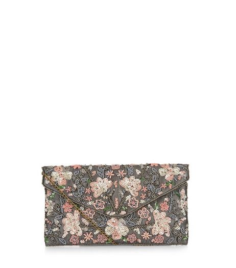 Grey Mesh Floral Embellished Clutch | New Look