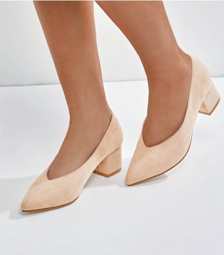 Wide Fit Nude Suedette V Throat Court Shoes | New Look