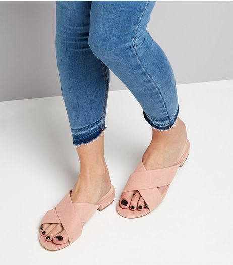 Wide Fit Pink Suedette Cross Strap Mules | New Look