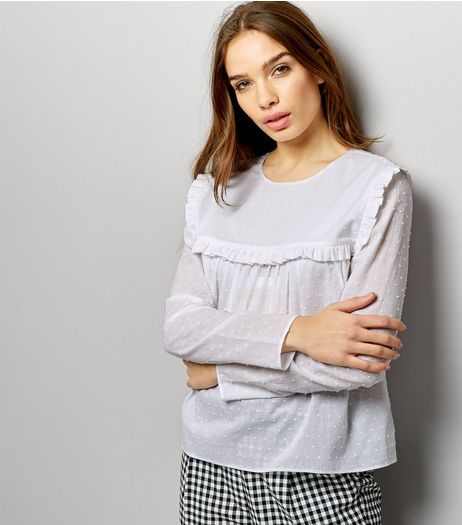 White Spot Textured Frill Yoke Long Sleeve Top | New Look