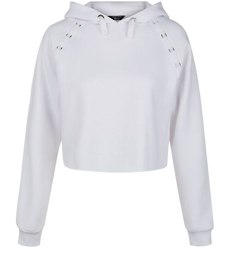 Teens White Eyelet Detail Cropped Hoodie | New Look