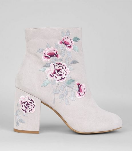 Grey Suedette Floral Embroidered Boots | New Look