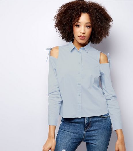 Blue Tie Up Cold Shoulder Shirt | New Look