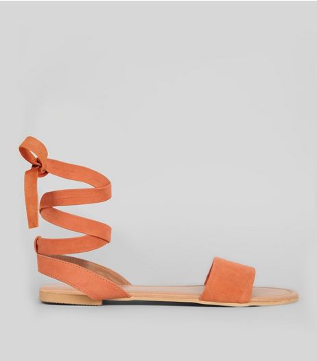 Wide Fit Orange Suede Ankle Tie Sandals | New Look