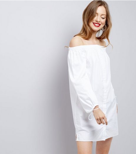 White Button Front Tie Sleeve Bardot Neck Dress | New Look