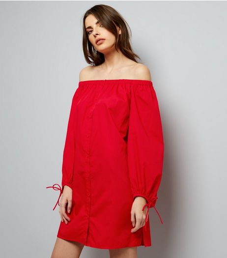 Red Button Front Bardot Neck Dress | New Look