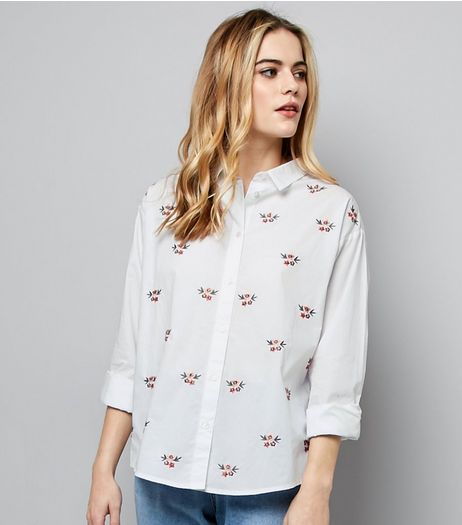 White Floral Embroidered Long Sleeve Shirt | New Look