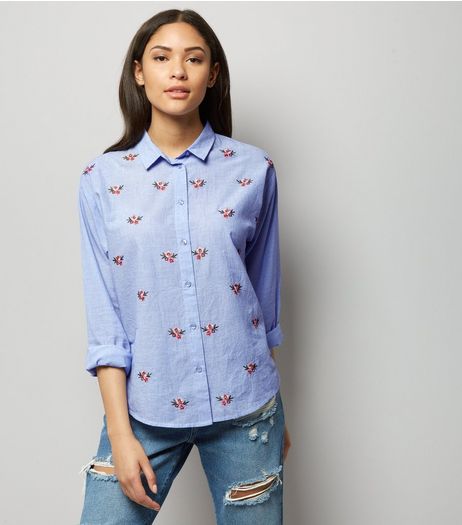 Blue Ditsy Floral Embroidered Shirt | New Look