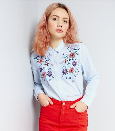Blue Floral Embroidered Long Sleeve Shirt | New Look