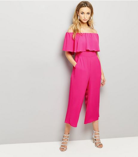 Pink Frill Trim Bardot Neck Cropped Jumpsuit | New Look