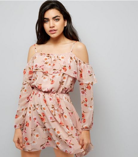Shell Pink Floral Print Cold Shoulder Frill Trim Dress | New Look